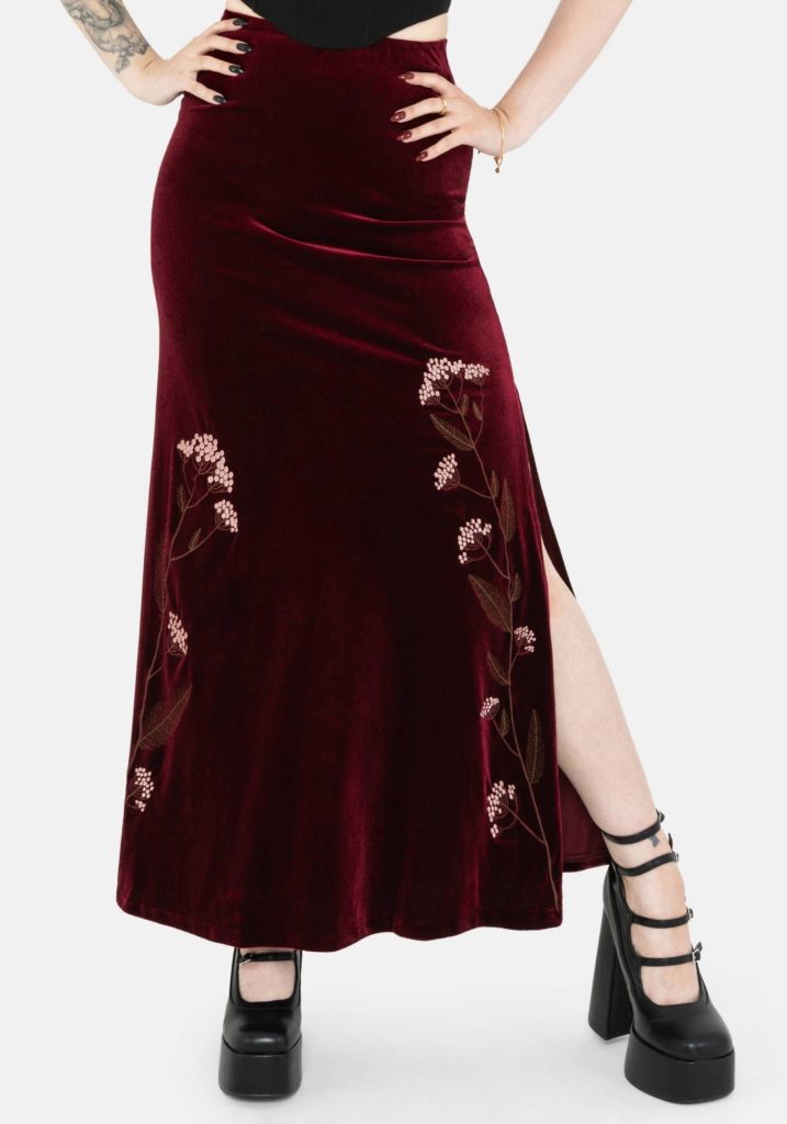 Virosa Floral Embroidered Velour Maxi Skirt