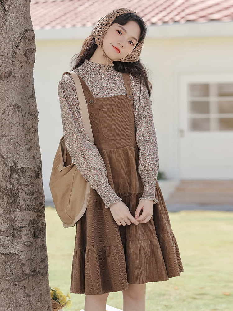 Autumn Winter Floral Top and Corduroy Pinafore Dress Two-Piece Set - Style 3144ae