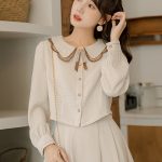 Women's Two-Piece Midi Skirt Set with Doll Collar and Lantern Sleeves