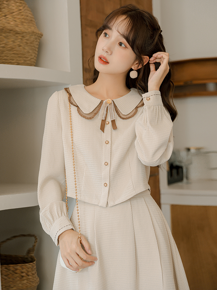 Women's Two-Piece Midi Skirt Set with Doll Collar and Lantern Sleeves