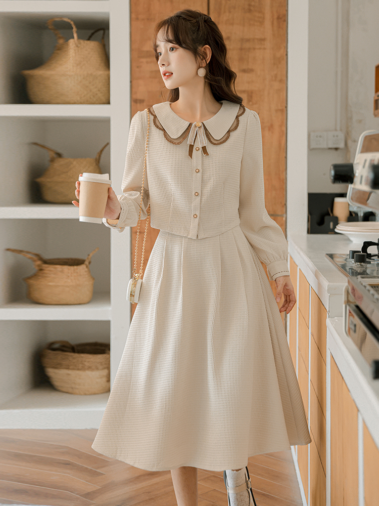 Women's Two-Piece Midi Skirt Set with Doll Collar and Lantern Sleeves - Image 2