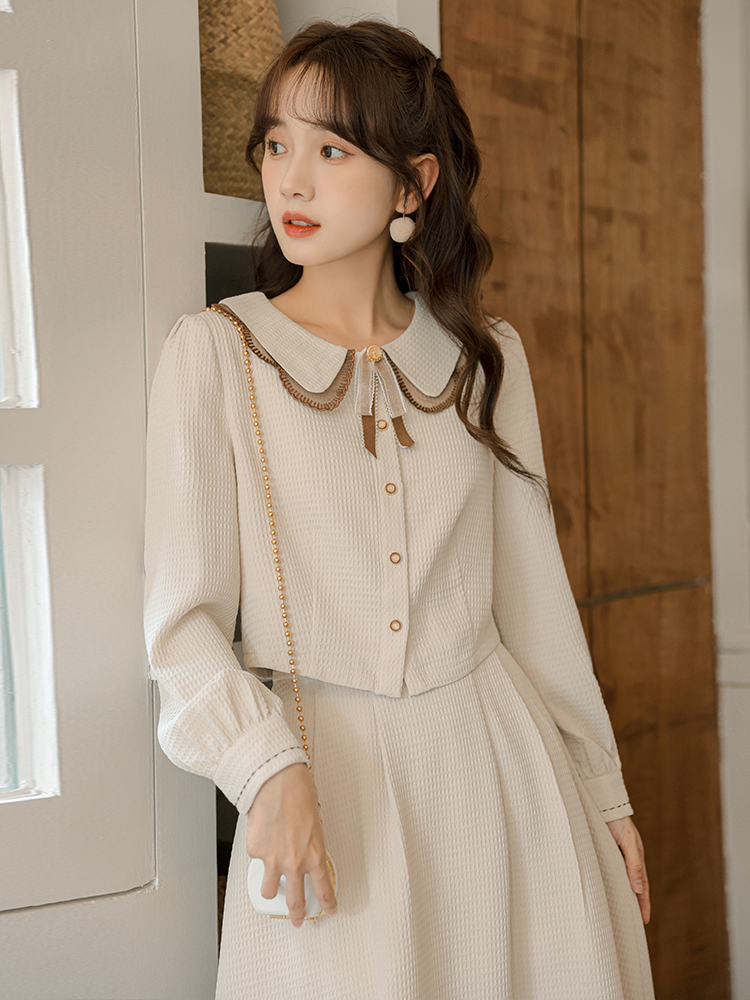 Women's Two-Piece Midi Skirt Set with Doll Collar and Lantern Sleeves - Image 4