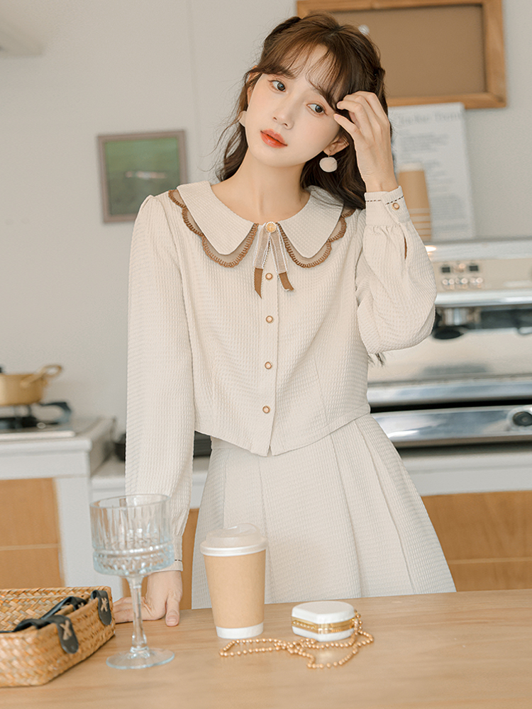 Women's Two-Piece Midi Skirt Set with Doll Collar and Lantern Sleeves - Image 3