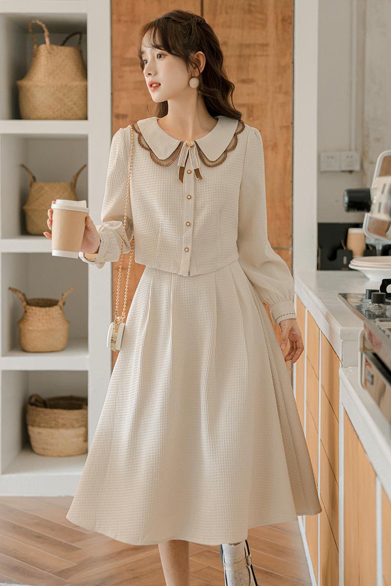 Women's Two-Piece Midi Skirt Set with Doll Collar and Lantern Sleeves - Image 5