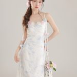 French Sweet Vacation Style Blue 3D Floral Cami Dress Women Summer Waist-Slimming Mesh Elegant Long Dress