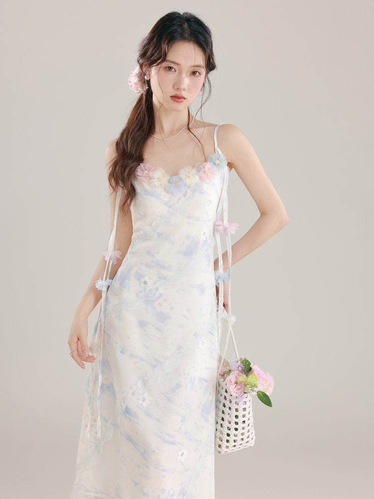 French Sweet Vacation Style Blue 3D Floral Cami Dress Women Summer Waist-Slimming Mesh Elegant Long Dress