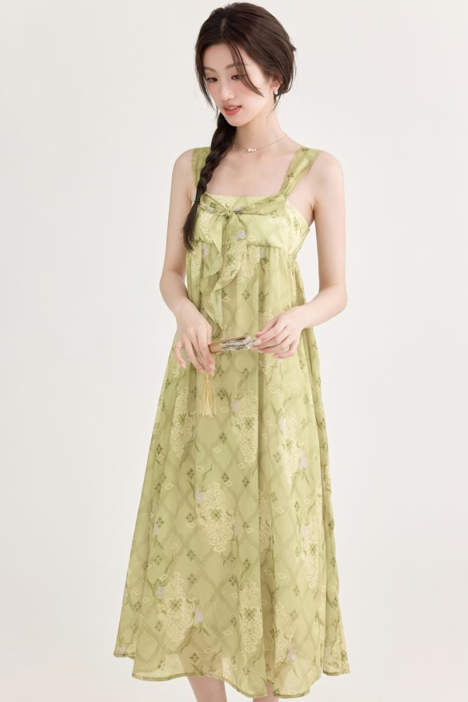 Women's Two-Piece Dress Set with Shawl and Cami Dress - Floral Print A-Line Midi