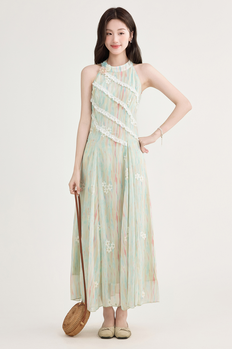 French Sweet Green Sleeveless Asymmetrical Lace Halter Floral Dress Women Summer New Atmosphere Long Dress - Image 4