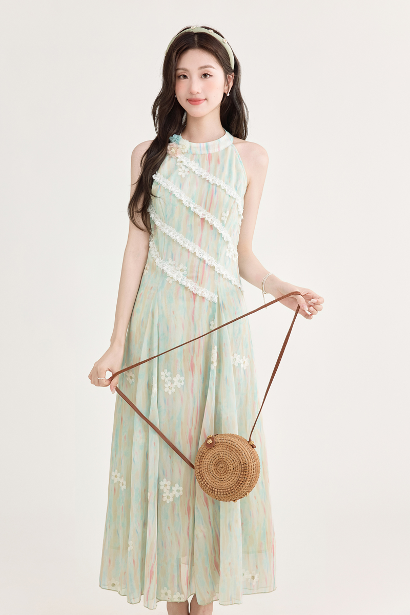 French Sweet Green Sleeveless Asymmetrical Lace Halter Floral Dress Women Summer New Atmosphere Long Dress - Image 3