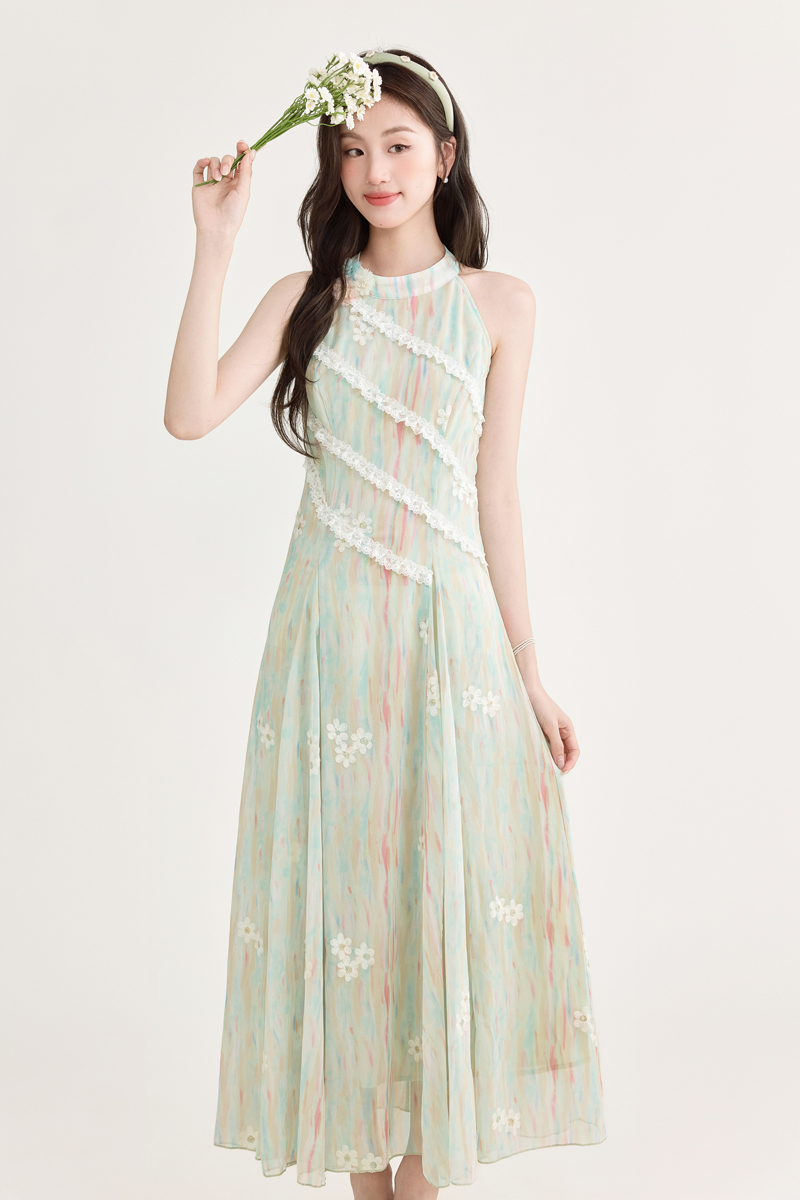 French Sweet Green Sleeveless Asymmetrical Lace Halter Floral Dress Women Summer New Atmosphere Long Dress