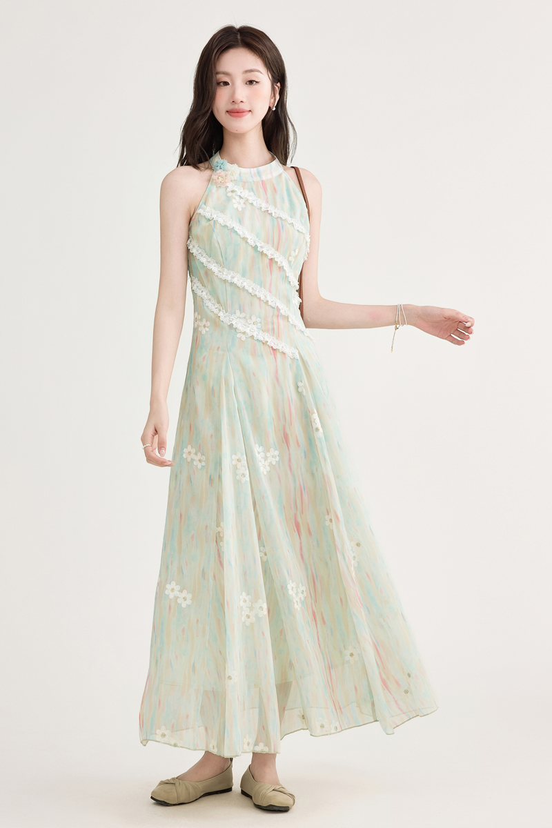 French Sweet Green Sleeveless Asymmetrical Lace Halter Floral Dress Women Summer New Atmosphere Long Dress - Image 2