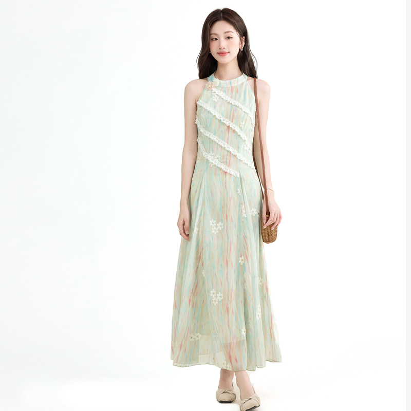 French Sweet Green Sleeveless Asymmetrical Lace Halter Floral Dress Women Summer New Atmosphere Long Dress - Image 5