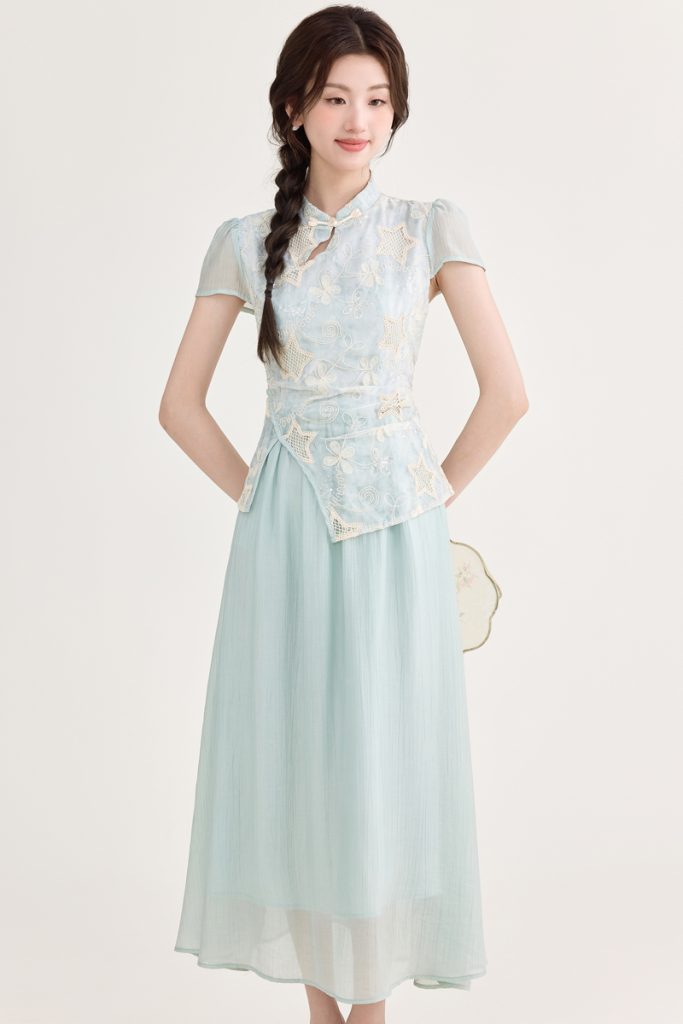 2025 Summer New Chinese Style Embroidered Qipao Dress with Layered Look