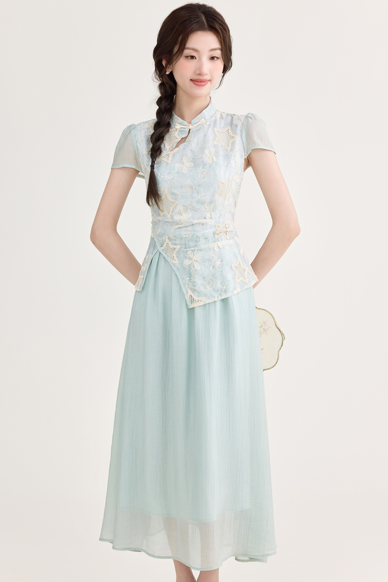 2025 Summer New Chinese Style Embroidered Qipao Dress with Layered Look