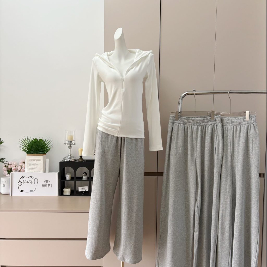 Women's Casual Wide-Leg Pants Set with White Sweatshirt and Gray Pants