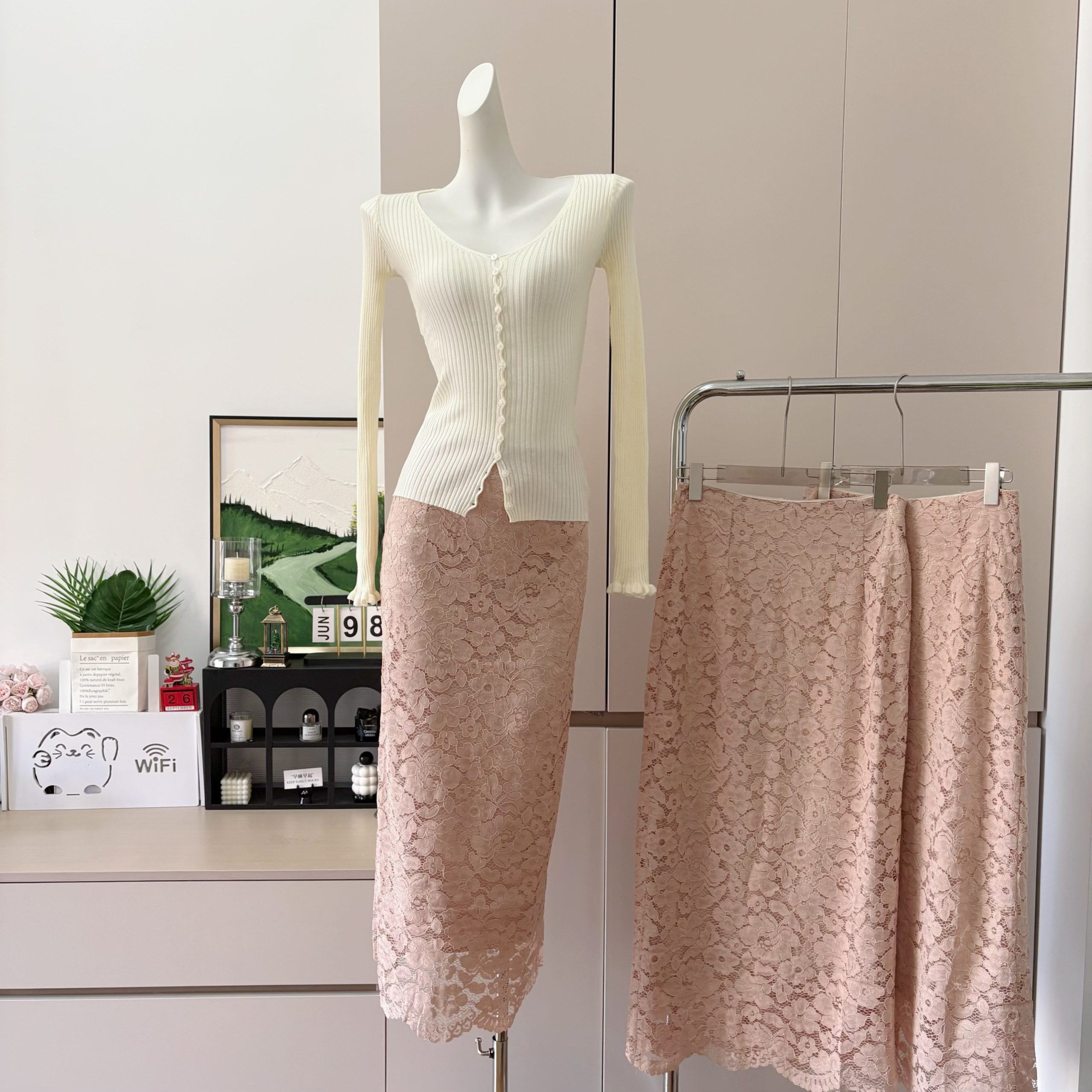 French Lace Bodycon Midi Skirt Set for Women Slim Fit
