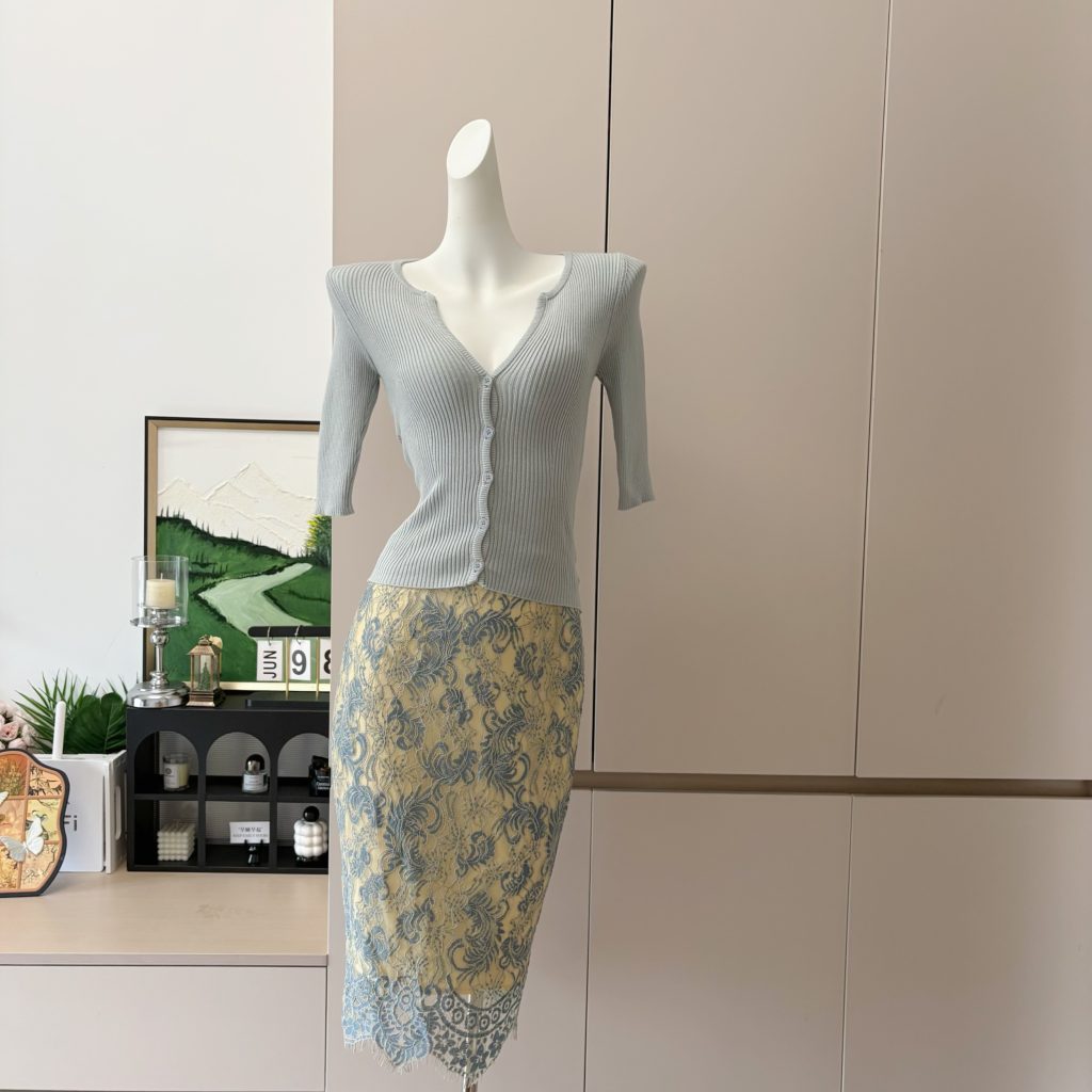 French Style Ribbed Knit Button Slim Midi Cardigan and Lace Bodycon Skirt Set