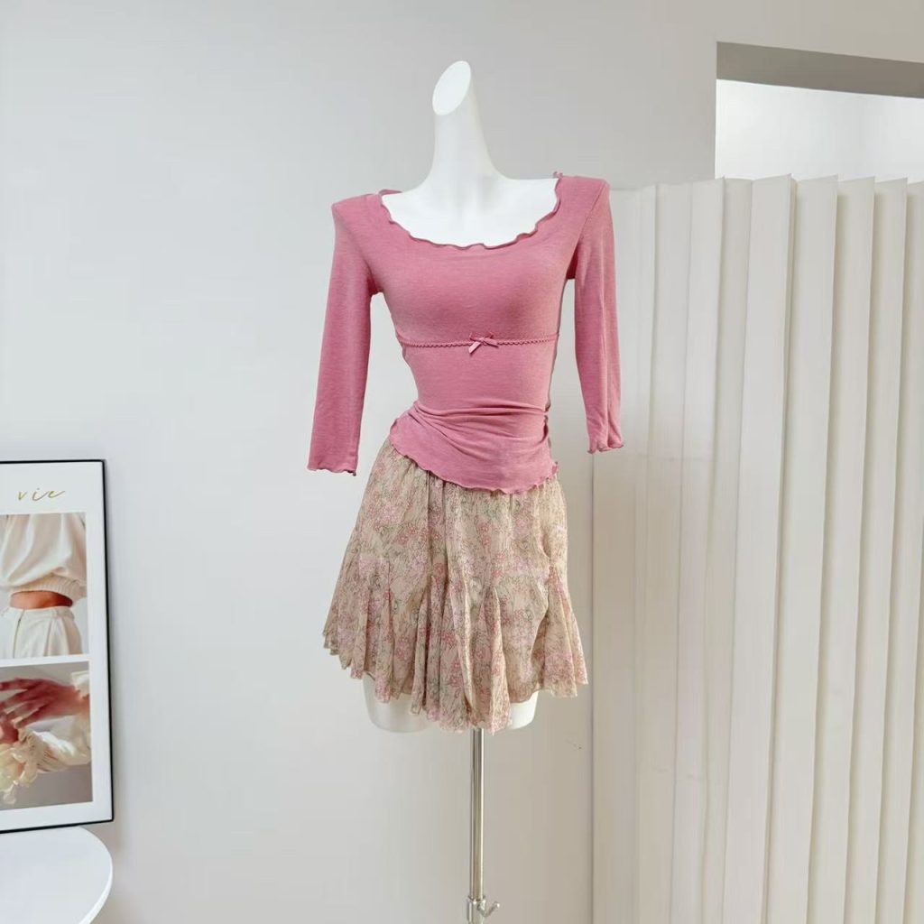 Custom Strawberry Girl Draped Neck Mid Sleeve Light T-Shirt and High Waist Floral Rose Red Skirt Set for Women