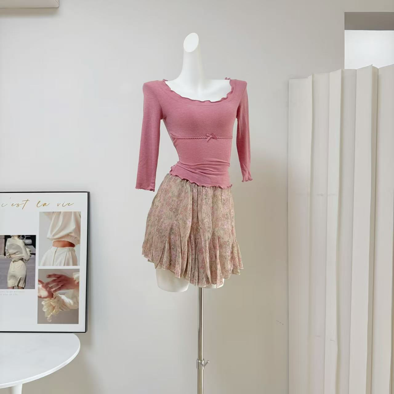 Custom Strawberry Girl Draped Neck Mid Sleeve Light T-Shirt and High Waist Floral Rose Red Skirt Set for Women - Image 2