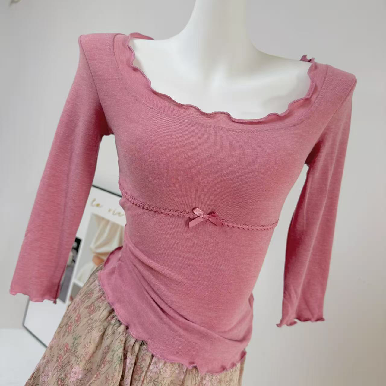 Custom Strawberry Girl Draped Neck Mid Sleeve Light T-Shirt and High Waist Floral Rose Red Skirt Set for Women - Image 3
