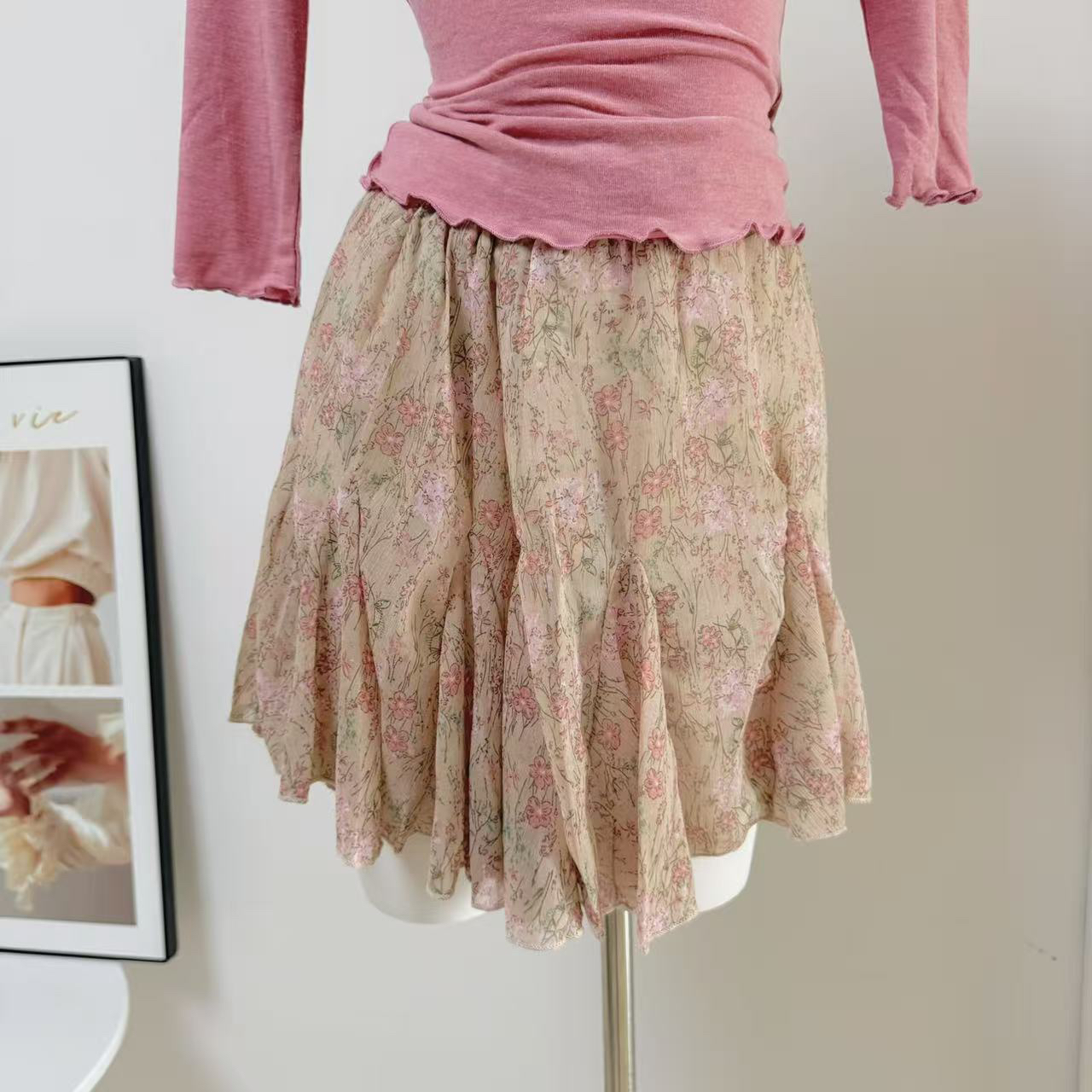 Custom Strawberry Girl Draped Neck Mid Sleeve Light T-Shirt and High Waist Floral Rose Red Skirt Set for Women - Image 4