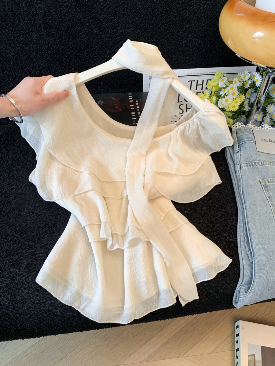 Korean Ruffle Ribbon Flutter Sleeve Blouse for Women Summer New Fairy Style Top - Image 4