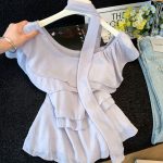 Korean Ruffle Ribbon Flutter Sleeve Blouse for Women Summer New Fairy Style Top
