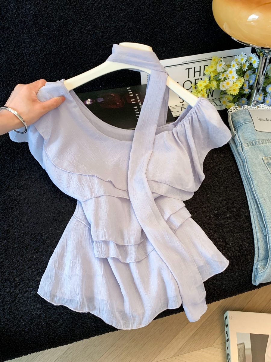 Korean Ruffle Ribbon Flutter Sleeve Blouse for Women Summer New Fairy Style Top
