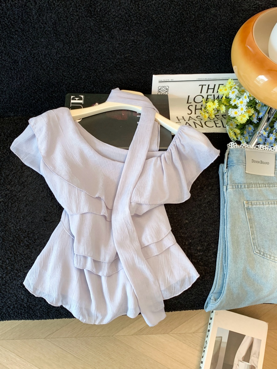 Korean Ruffle Ribbon Flutter Sleeve Blouse for Women Summer New Fairy Style Top - Image 2