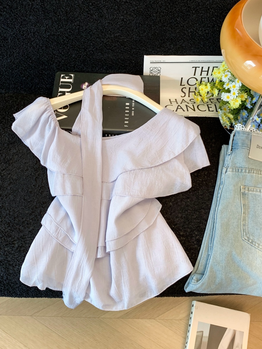 Korean Ruffle Ribbon Flutter Sleeve Blouse for Women Summer New Fairy Style Top - Image 3