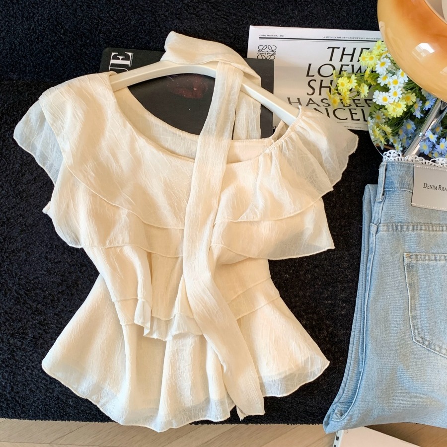 Korean Ruffle Ribbon Flutter Sleeve Blouse for Women Summer New Fairy Style Top - Image 5
