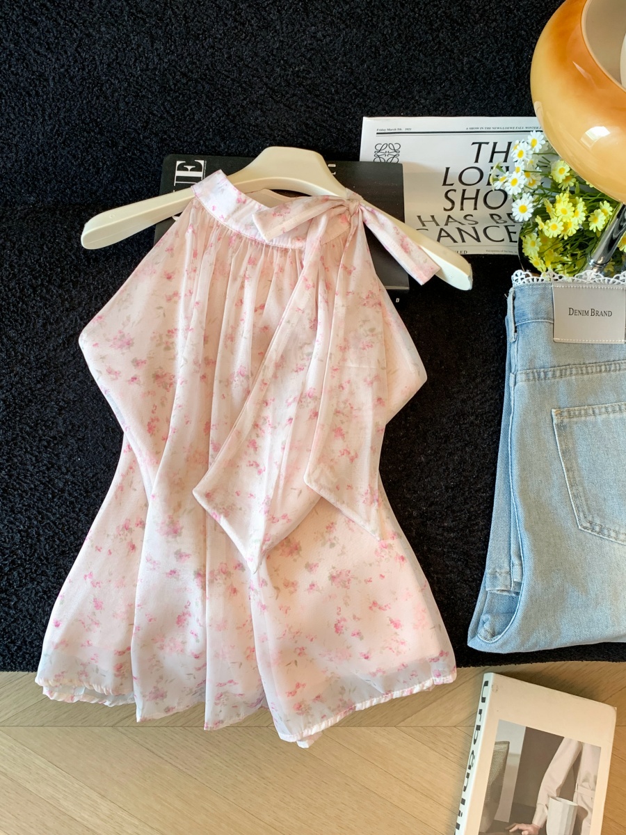 Women's Sleeveless Chiffon Shirt with Bow Detail - Floral Print Summer Top - Style b819b7 - Image 2
