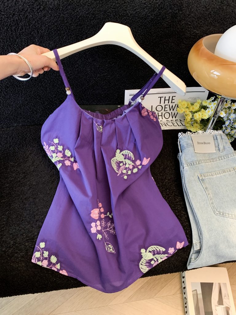 Women's Purple Embroidered Floral Cami Top 2026 Summer Sleeveless Beaded Strap Backless Blouse