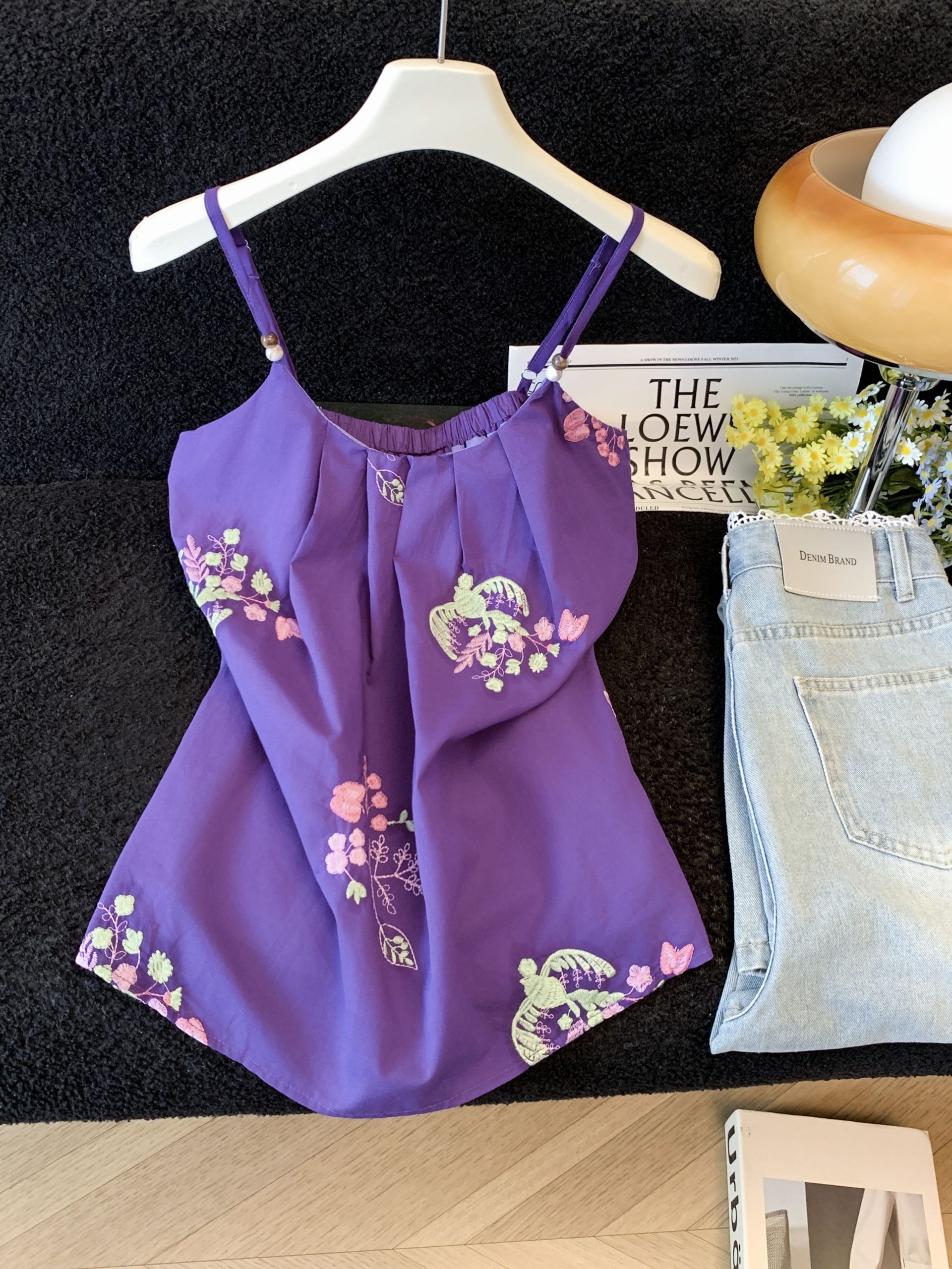 Women's Purple Embroidered Floral Cami Top 2026 Summer Sleeveless Beaded Strap Backless Blouse - Image 2