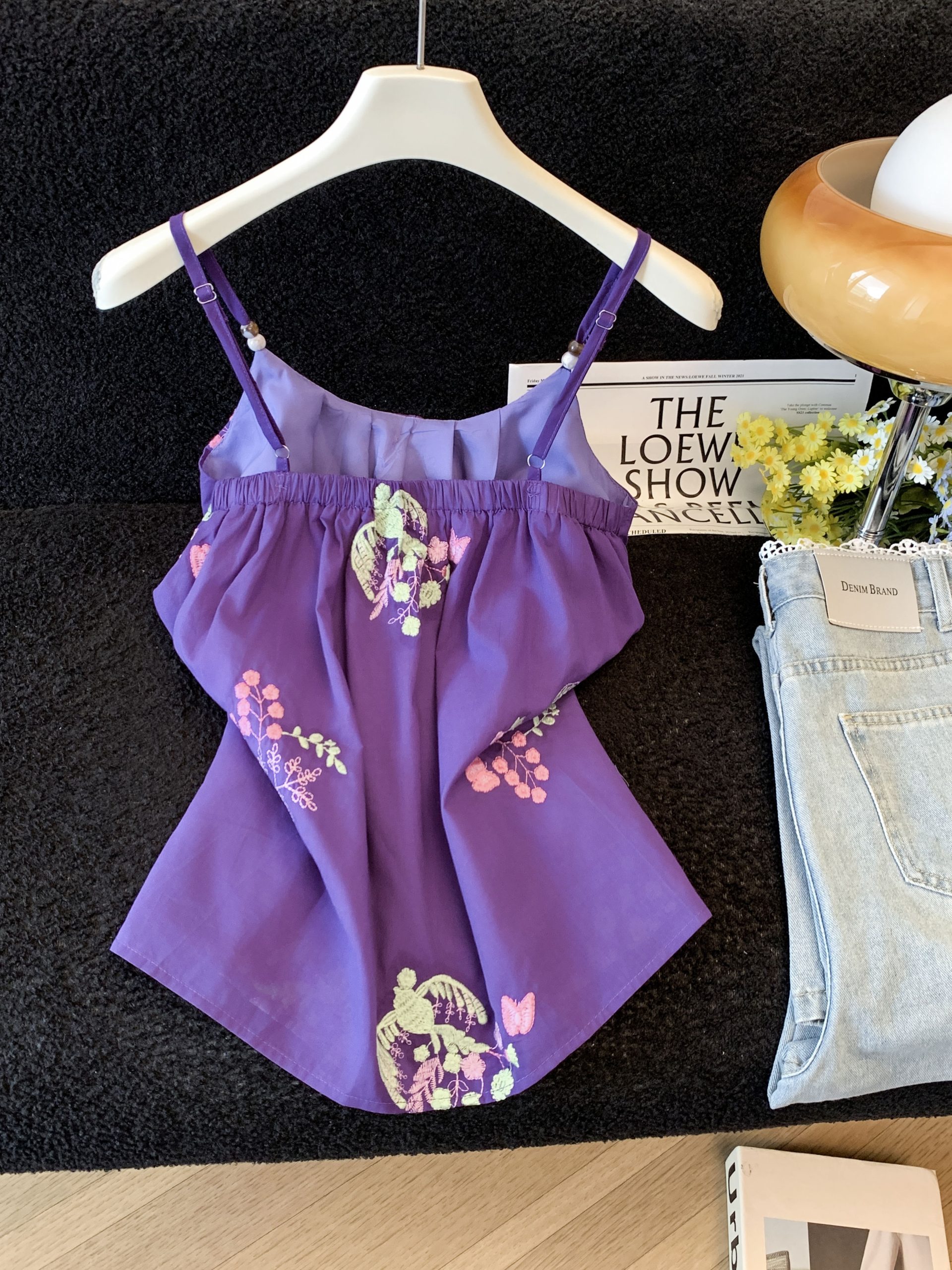 Women's Purple Embroidered Floral Cami Top 2026 Summer Sleeveless Beaded Strap Backless Blouse - Image 3