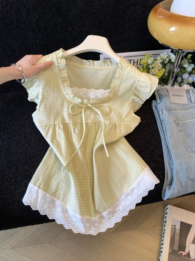 Fresh Plaid Sleeveless Shirt 2026 Summer Lace Trim Tie Slimming Tank Top