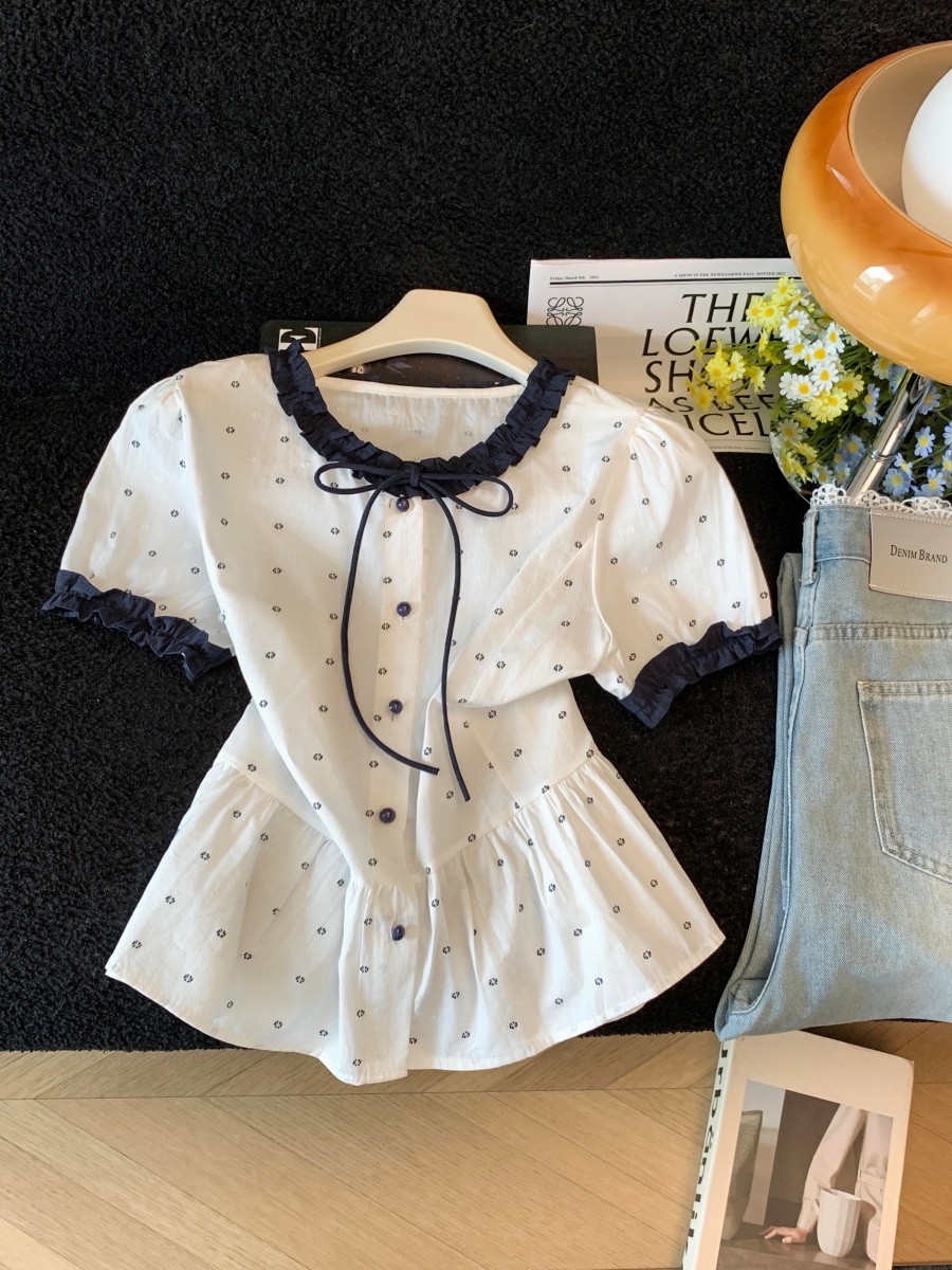 Women's Color Block Ruffle Tie Short Sleeve Shirt Summer 2026 Slim Fit Top - Image 2