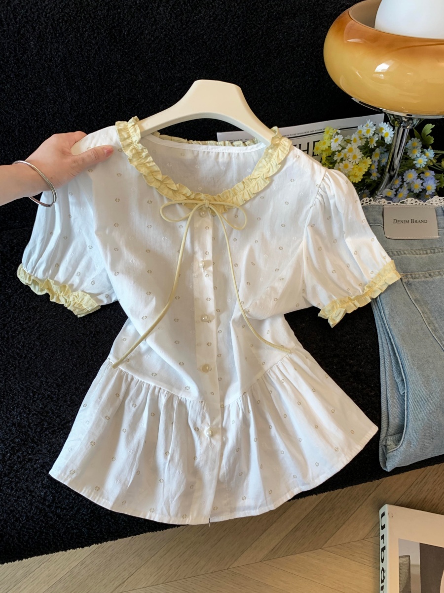 Women's Color Block Ruffle Tie Short Sleeve Shirt Summer 2026 Slim Fit Top - Image 3
