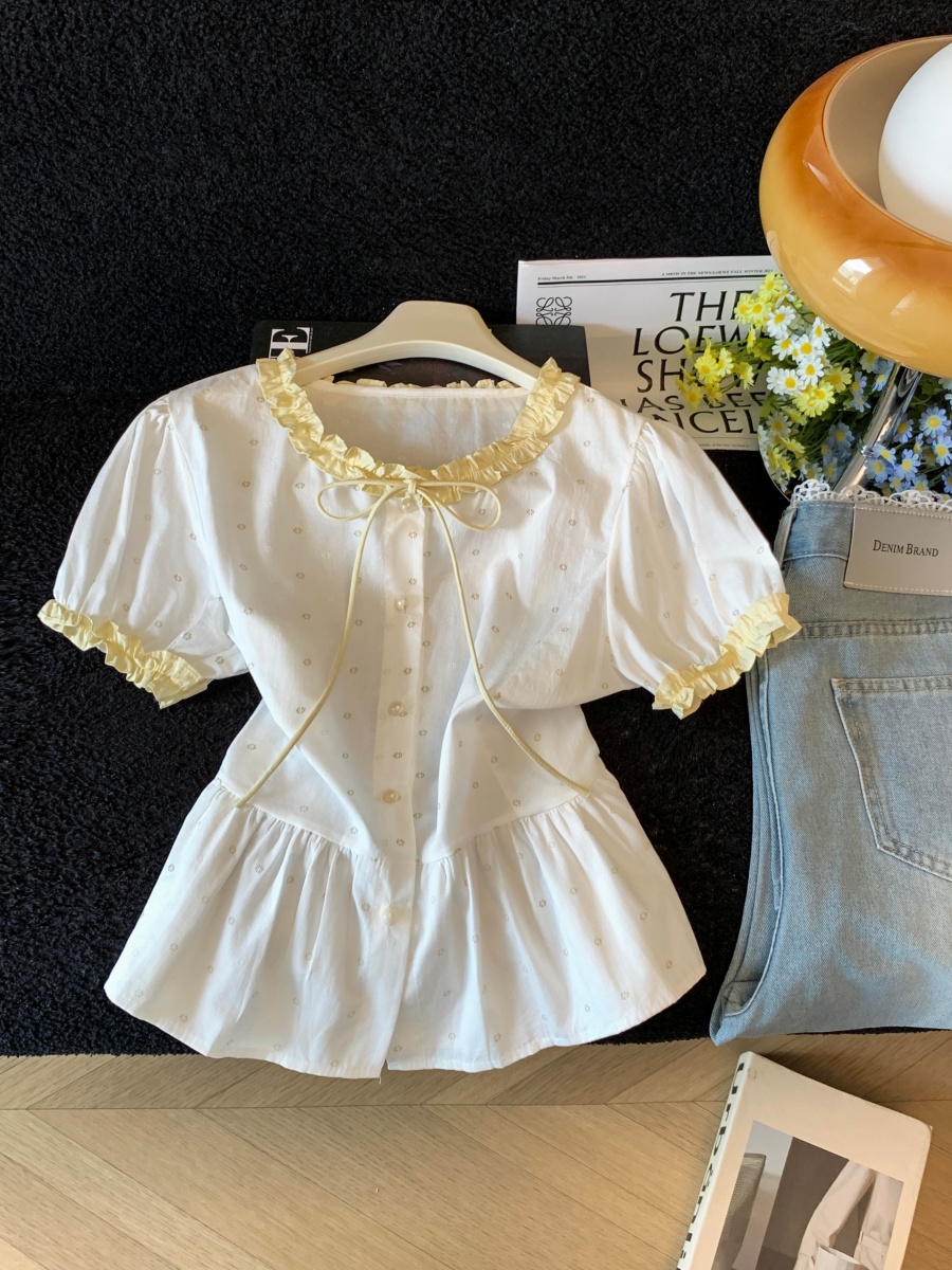Women's Color Block Ruffle Tie Short Sleeve Shirt Summer 2026 Slim Fit Top - Image 4