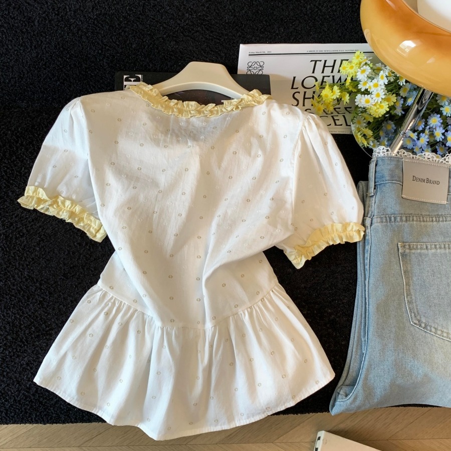 Women's Color Block Ruffle Tie Short Sleeve Shirt Summer 2026 Slim Fit Top - Image 5