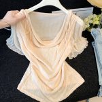 French Textured Tie-Front Cowl Neck Short Sleeve Women's Shirt Summer 2026 Niche Pleated Slimming Youthful Top