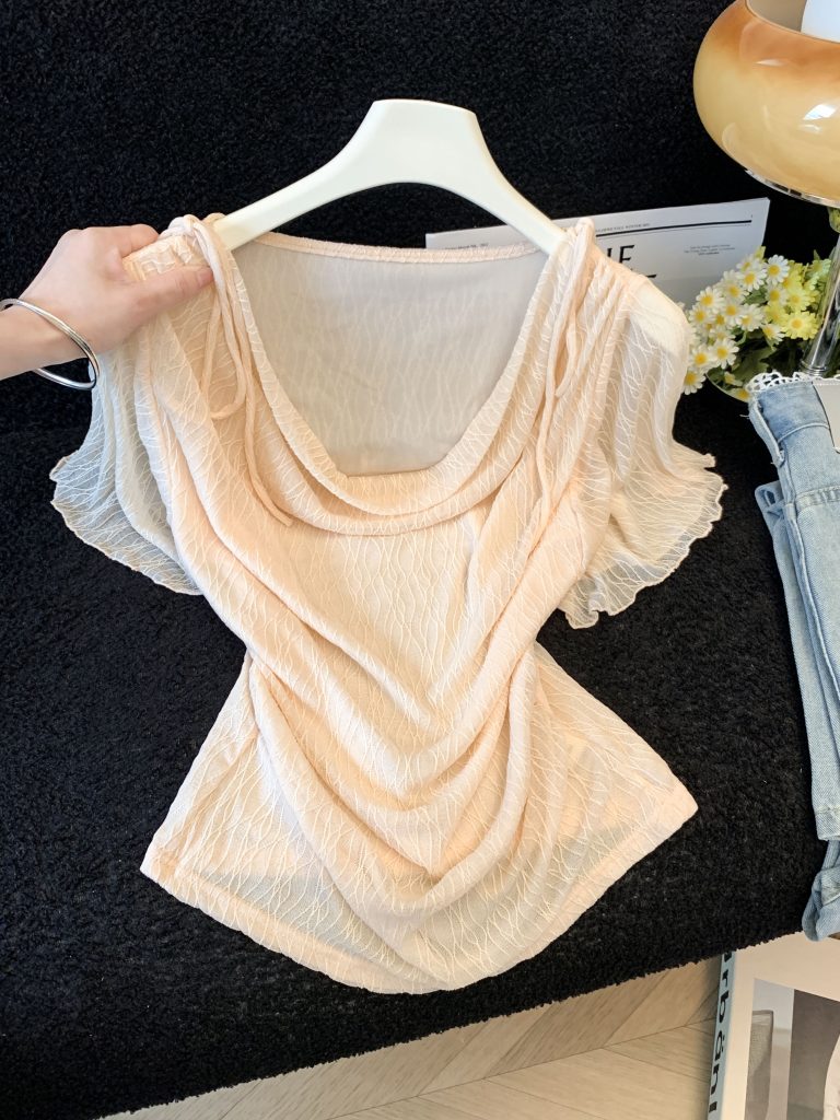 French Textured Tie-Front Cowl Neck Short Sleeve Women's Shirt Summer 2026 Niche Pleated Slimming Youthful Top