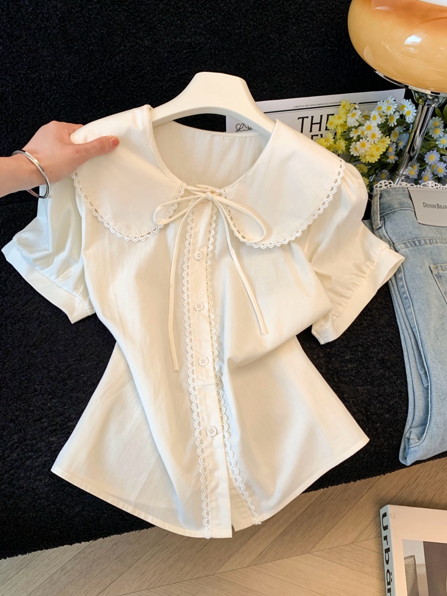 Embroidered Lace Doll Collar Short Sleeve Shirt for Women French Style