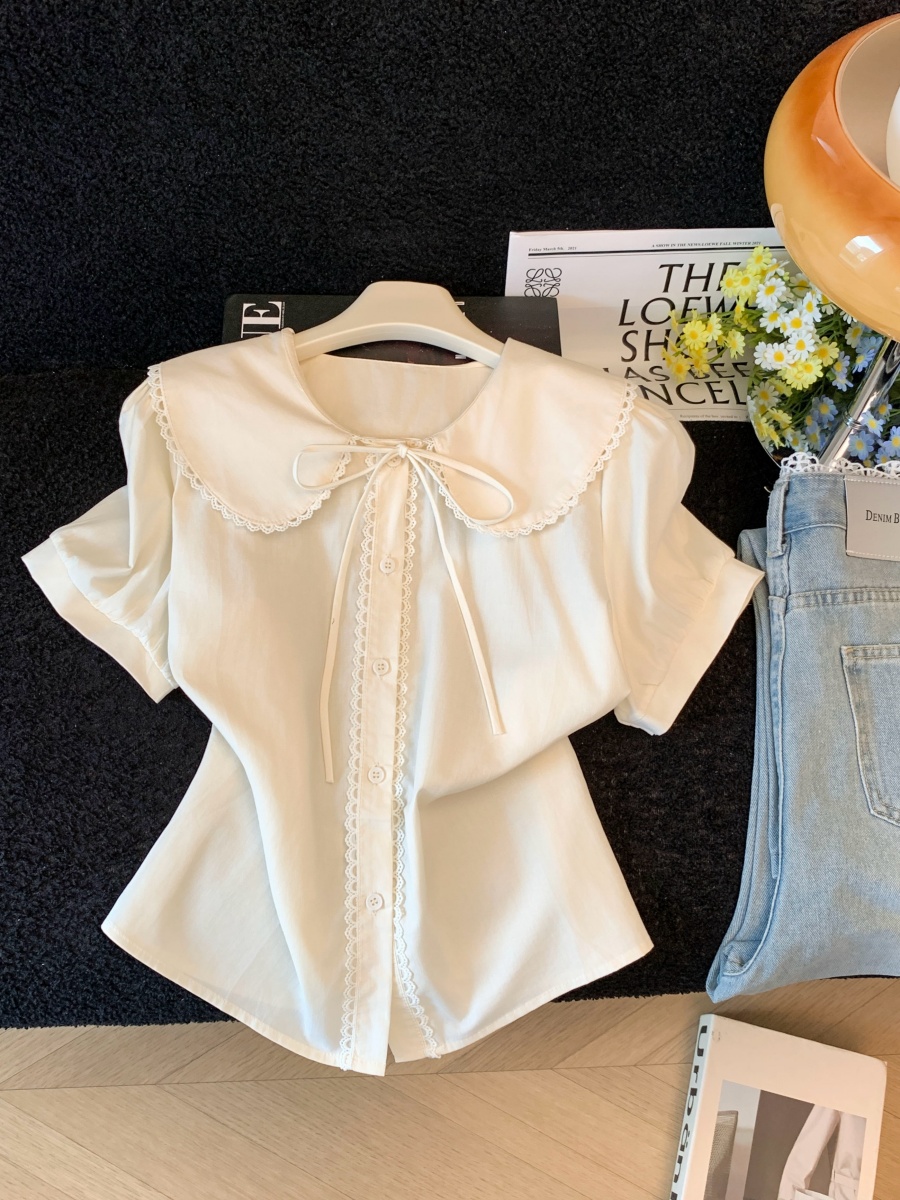 Embroidered Lace Doll Collar Short Sleeve Shirt for Women French Style - Image 2
