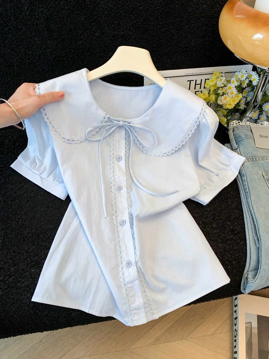 Embroidered Lace Doll Collar Short Sleeve Shirt for Women French Style - Image 3