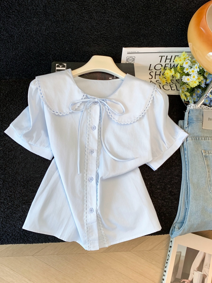 Embroidered Lace Doll Collar Short Sleeve Shirt for Women French Style - Image 4