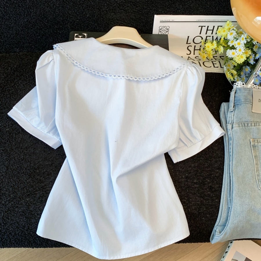 Embroidered Lace Doll Collar Short Sleeve Shirt for Women French Style - Image 5