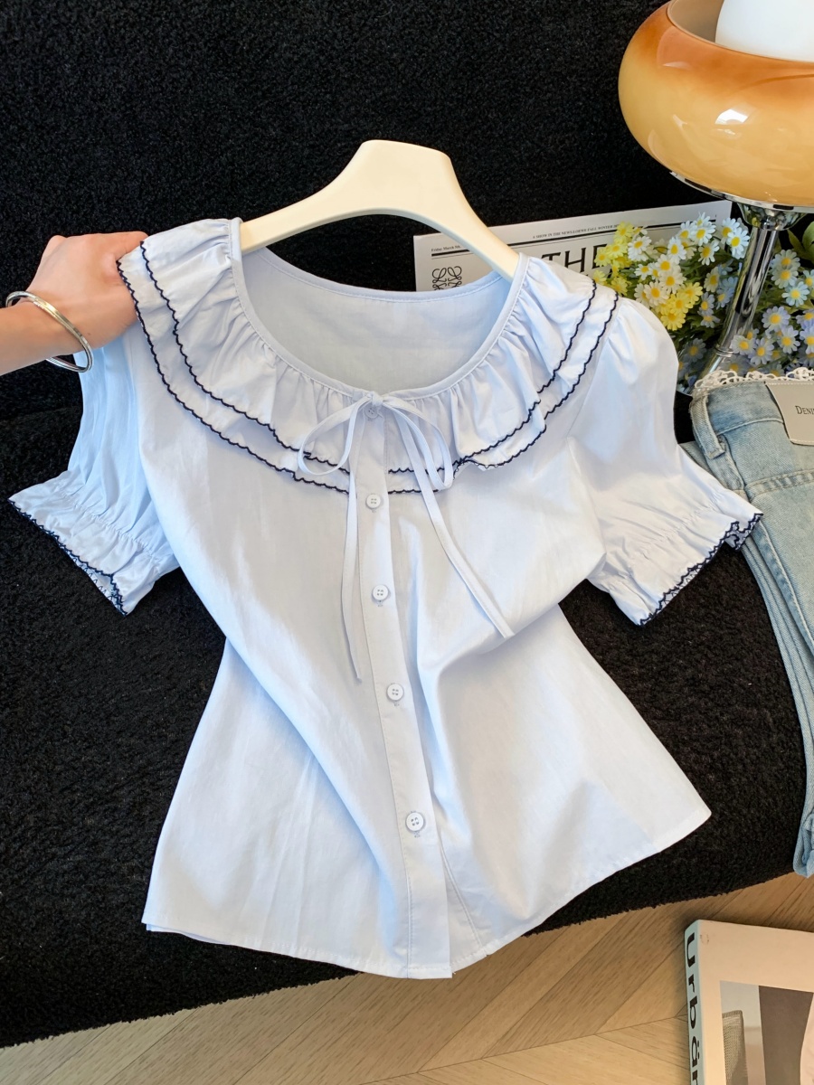 French Style Ruffled Puff Sleeve Shirt Women Summer Loose Fit Short Sleeve Blouse