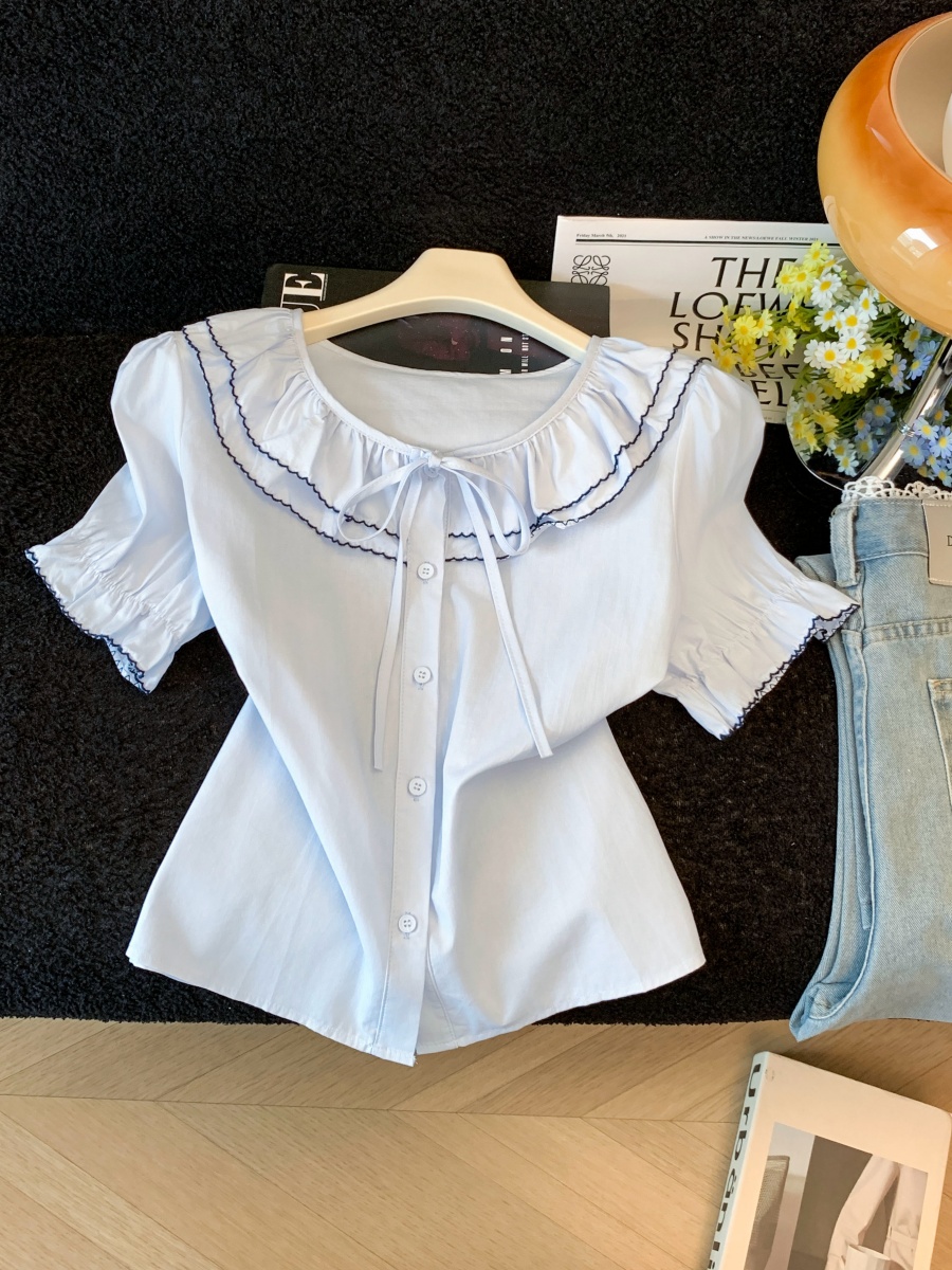 French Style Ruffled Puff Sleeve Shirt Women Summer Loose Fit Short Sleeve Blouse - Image 2