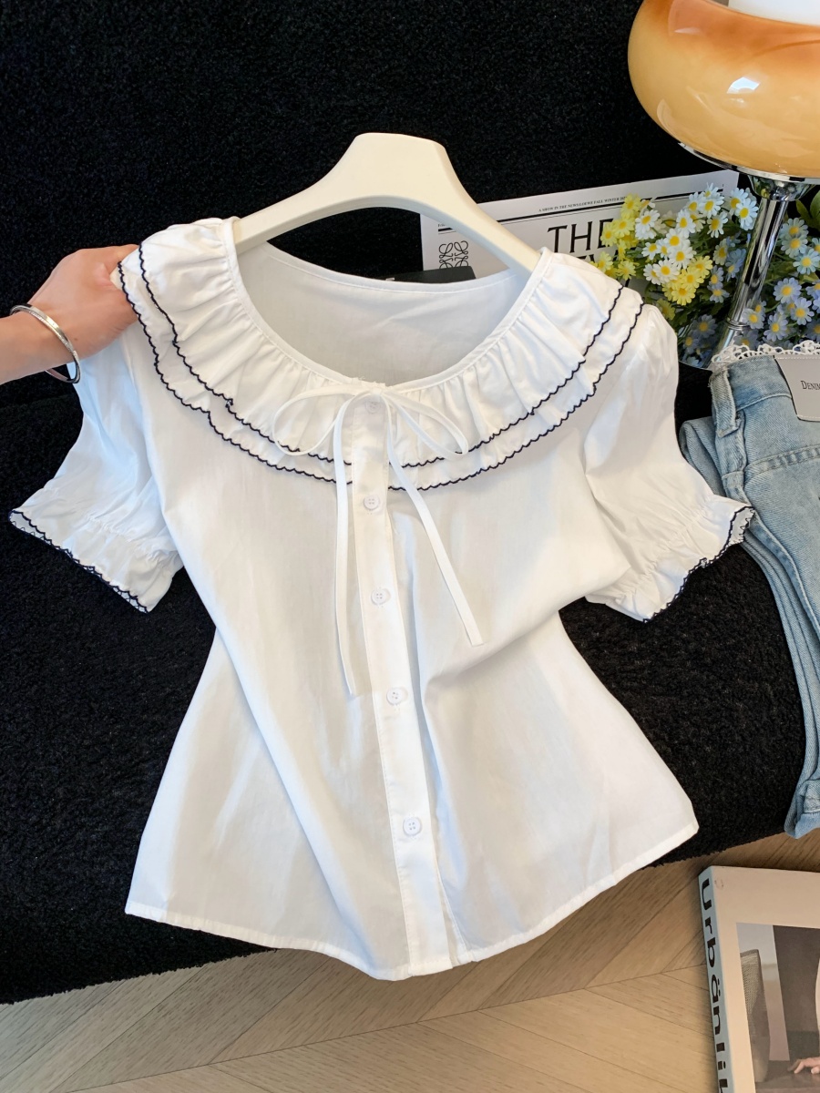 French Style Ruffled Puff Sleeve Shirt Women Summer Loose Fit Short Sleeve Blouse - Image 3